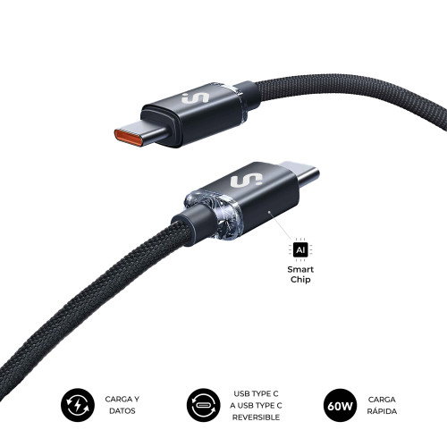 Subblim Cable USB-C a USB-C 60W PD 2m Negro Carga Rápida Subblim Cable USB-C a USB-C 60W PD 2m Negro Carga Rápida