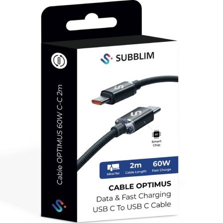Subblim Cable USB-C a USB-C Optimus 60W 480Mbps 2m Negro Carga Rápida Nylon Trenzado PD