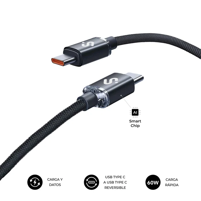 Subblim Optimus Cable USB-C a USB-C 2 m - Negro - Carga Rápida 60W PD, 480 Mbps, Chip de Protección - Compatible iPhone 16/15, Galaxy S24, MacBook