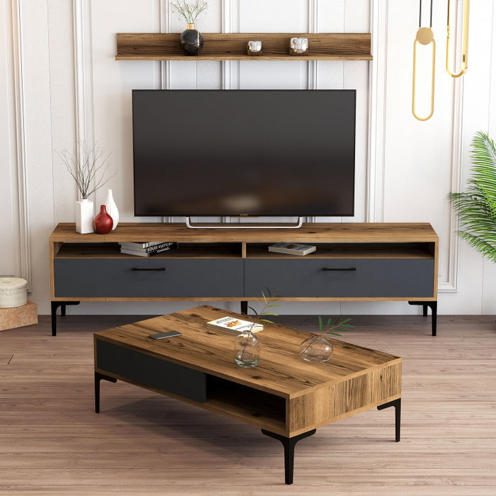 Hanah Home Salón Muebles Combinación Nogal y Antracita Istanbul