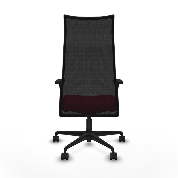 Sillón Albacete con mecanismo Sincro tapizada con Tela color Rojo y malla color Negro. Equipado con Base nailon negra, Brazos 1D y Ruedas 65mm nailon