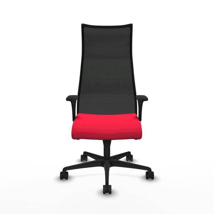 Sillón Albacete con mecanismo Sincro tapizada con Tela color Rojo y malla color Negro. Equipado con Base nailon negra, Brazos 1D y Ruedas 65mm nailon