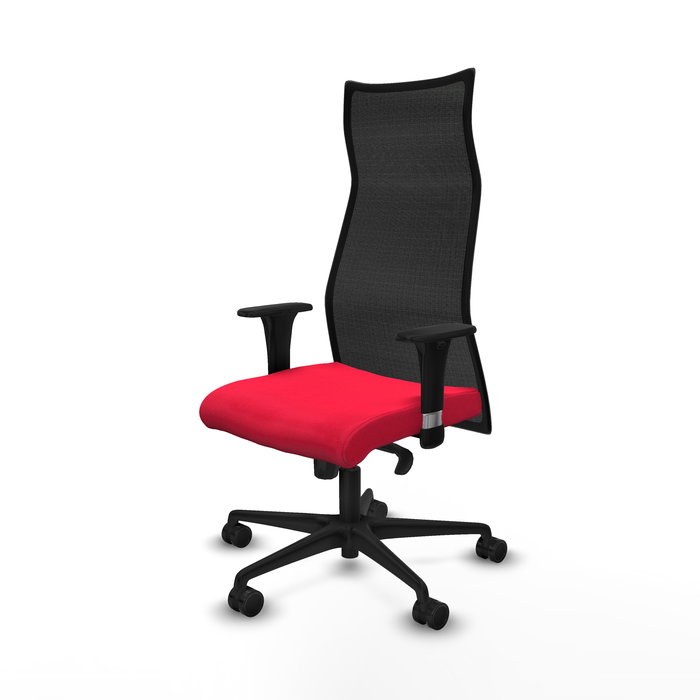 Sillón Albacete con mecanismo Sincro tapizada con Tela color Rojo y malla color Negro. Equipado con Base nailon negra, Brazos 1D y Ruedas 65mm nailon