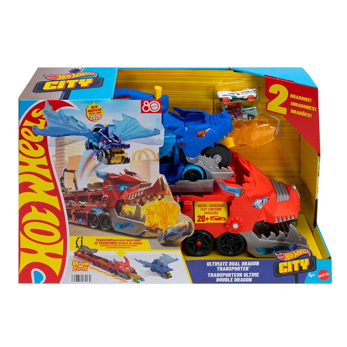 Hot Wheels Dragón Transportador JBM72 con ataque doble, Mattel. Juguete de pista de carreras con dragones para niños +4 años.