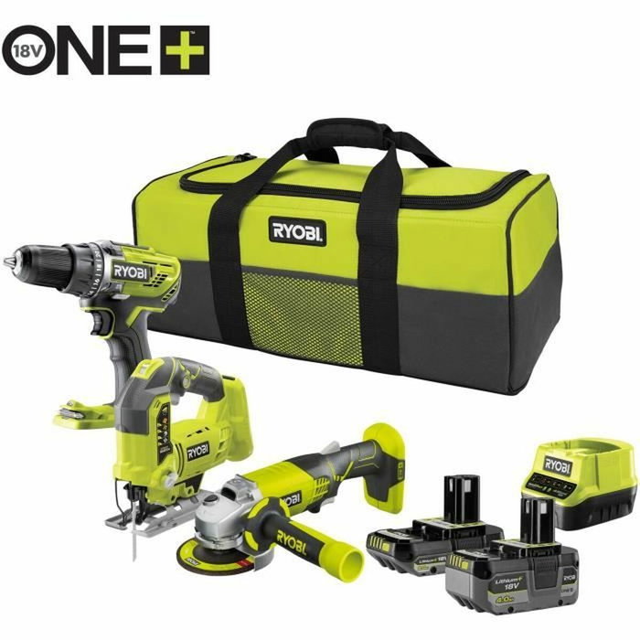 Ryobi Kit de 3 herramientas con taladro-destornillador Brushless, amoladora de 115 mm y sierra de calar Ryobi Kit de 3 herramientas con taladro-destornillador Brushless, amoladora de 115 mm y sierra de calar