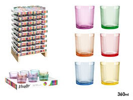 Vivalto Vaso de Vidrio con Rayas 360 ml, Surtido 6 Colores, 8.5x9.8 cm (162 Unidades)
