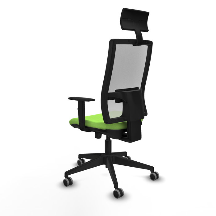 Silla de oficina Horna con mecanismo Sincro/Traslack tapizada con Tela color Pistacho y malla color Blanco. Equipada con lumbar 1D, Brazos 1D, Cabecero Fijo y Ruedas 65 mm parqué
