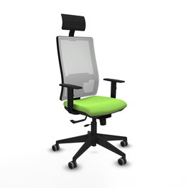Silla de oficina Horna con mecanismo Sincro/Traslack tapizada con Tela color Pistacho y malla color Blanco. Equipada con lumbar 1D, Brazos 1D, Cabecero Fijo y Ruedas 65 mm parqué