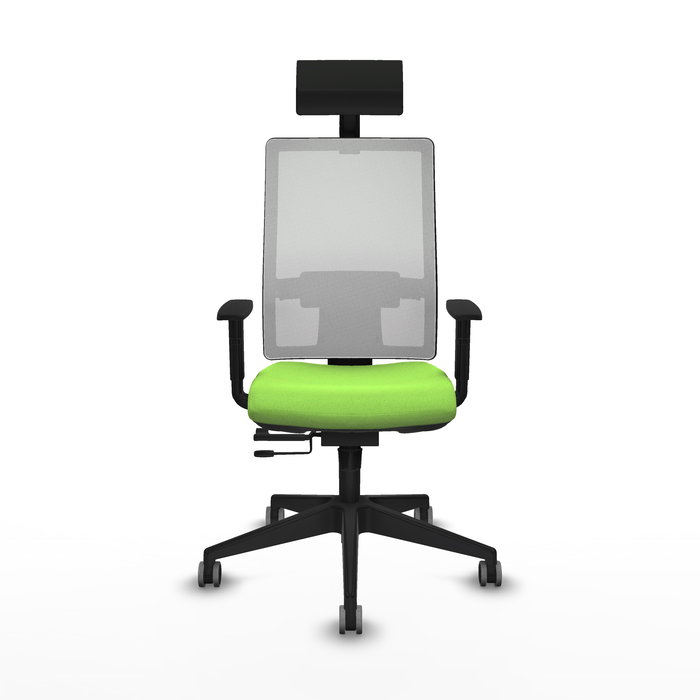 Silla de oficina Horna con mecanismo Sincro/Traslack tapizada con Tela color Pistacho y malla color Blanco. Equipada con lumbar 1D, Brazos 1D, Cabecero Fijo y Ruedas 65 mm parqué