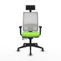 Silla de oficina Horna con mecanismo Sincro/Traslack tapizada con Tela color Pistacho y malla color Blanco. Equipada con lumbar 1D, Brazos 1D, Cabecero Fijo y Ruedas 65 mm parqué