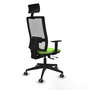 Silla de oficina Horna con mecanismo Sincro/Traslack tapizada con Tela color Pistacho y malla color Blanco. Equipada con lumbar 1D, Brazos 1D, Cabecero Fijo y Ruedas 65 mm parqué