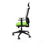 Silla de oficina Horna con mecanismo Sincro/Traslack tapizada con Tela color Pistacho y malla color Blanco. Equipada con lumbar 1D, Brazos 1D, Cabecero Fijo y Ruedas 65 mm parqué