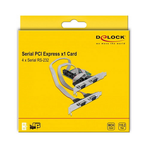 DELOCK 90410 Tarjeta PCIe a 4 Puertos Serie RS-232, Interfaz PCI Express x1, Perfil Bajo, Color Verde
