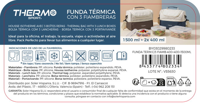 Thermosport Funda Térmica para Fiambre con 3 Recipientes Thermosport Funda Térmica para Fiambre con 3 Recipientes