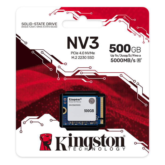 Kingston NV3 M.2 2230 500 GB SSD NVMe PCIe 4.0, velocidad lectura 5000 MB/s, escritura 3000 MB/s, 3D NAND, para Notebook/Consola