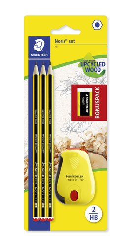 Staedtler Noris N.2 Pack de 3 Lápices de Grafito HB con Goma y Sacapuntas