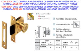 URKO Cerradura de Embutir Reversible para Muebles 7101030