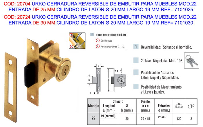 URKO Cerradura de Embutir Reversible para Muebles 7101030 URKO Cerradura de Embutir Reversible para Muebles 7101030