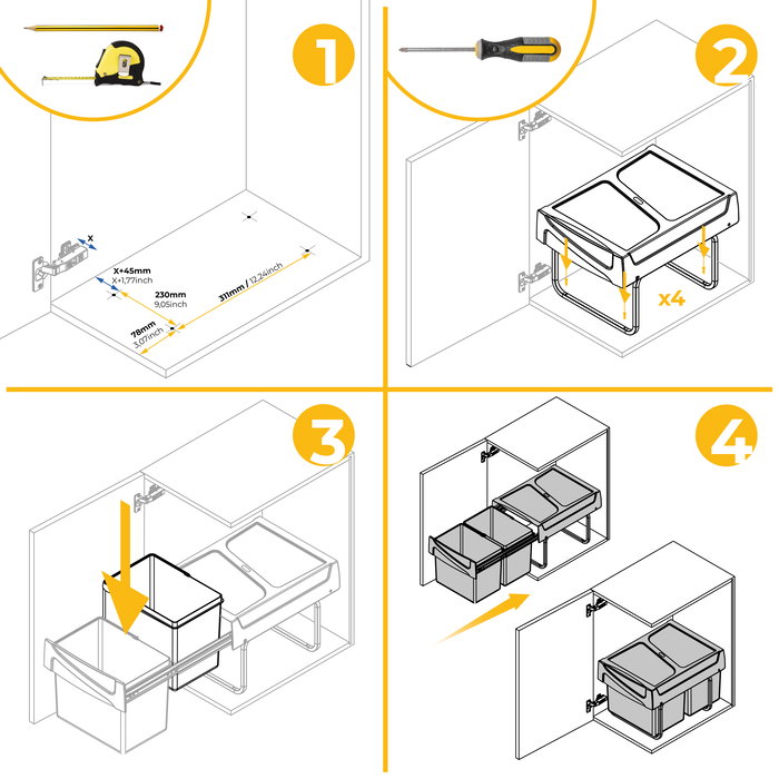 Emuca Contenedor de reciclaje para fijación inferior y extracción manual en mueble de cocina 2x15litros, Plástico gris antracita