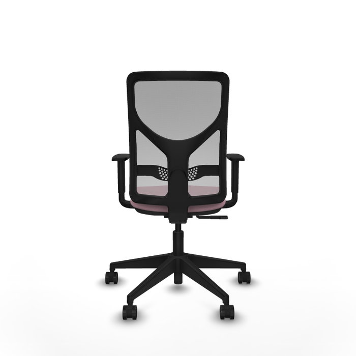 Silla de oficina Motilla con mecanismo Sincro tapizada con Tela color Rosa y malla color Gris. Equipada con lumbar 1D, Brazos 1D y Ruedas 65mm nailon