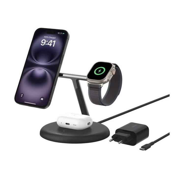 Belkin Base de Carga Inalámbrica 3 en 1 Qi2 15W para iPhone, Apple Watch y AirPods - Soporte Ajustable WIZ023VFBK - Negro Belkin Base de Carga Inalámbrica 3 en 1 Qi2 15W para iPhone, Apple Watch y AirPods - Soporte Ajustable WIZ023VFBK - Negro