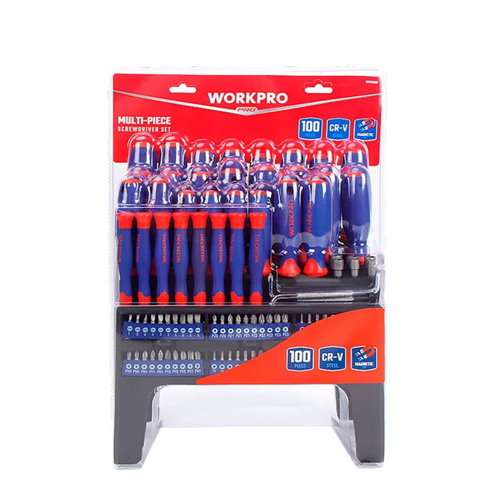 Workpro Juego de Destornilladores y Herramientas CR-V 100 Piezas, Incluye Destornilladores de Precisión, Puntas Magnéticas, Vasos Hexagonales, Planos, Phillips, Torx y Robertson