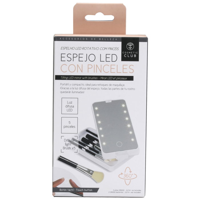 Cosmetic Club Espejo LED con 5 Brochas de Maquillaje, Iluminación Difusa para Retoques, Portátil Compacto de Viaje, 16 x 9 x 2.5 cm
