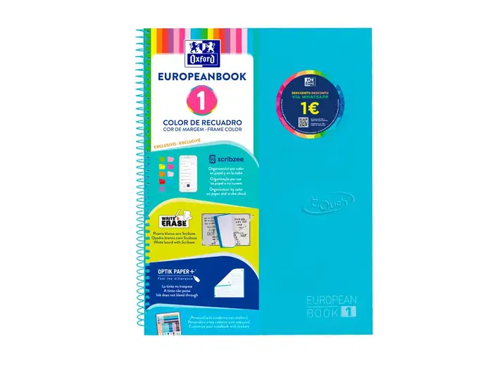 Oxford Cuaderno Europeanbook 1 Touch Write&Erase 80H A4+ 5x5 mm Microperforado T-Extradura Pack 5 Ud Azul Pastel