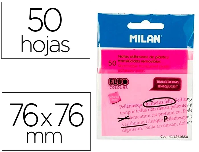 Milan Bloc de notas adhesivas translúcidas rosa fluorescente 76x76 mm