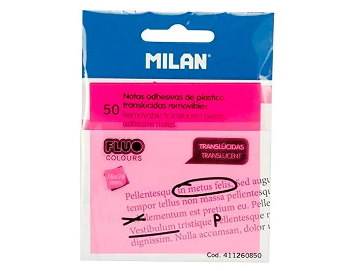 Milan Bloc de notas adhesivas translúcidas rosa fluorescente 76x76 mm