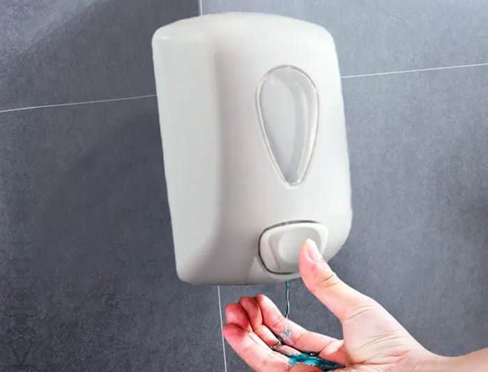 Dahi Dispensador Gel Lavamanos ABS Blanco Antigoteo Cierre Llave Capacidad 0.9L Medidas 210x128x90 mm