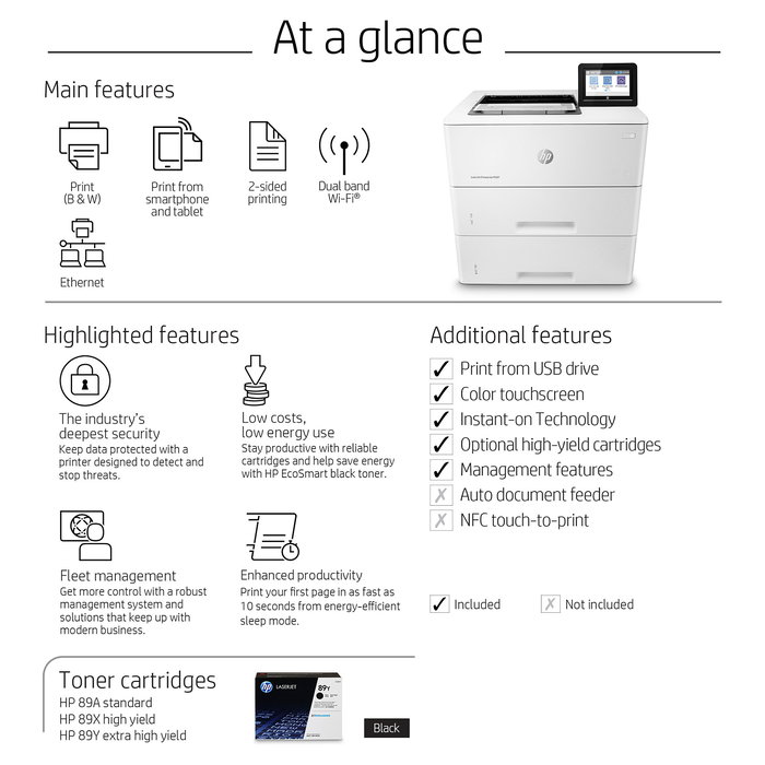 HP Impresora LaserJet Enterprise M507x, Láser, A4, 43 ppm, WiFi, Ethernet, Duplex Automático, 1200x1200 DPI, 512 MB, Pantalla Táctil 4.3"