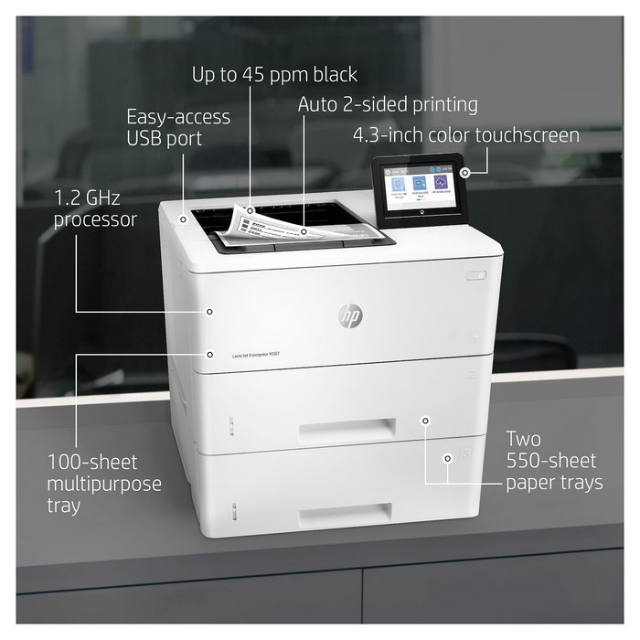 HP Impresora LaserJet Enterprise M507x, Láser, A4, 43 ppm, WiFi, Ethernet, Duplex Automático, 1200x1200 DPI, 512 MB, Pantalla Táctil 4.3"