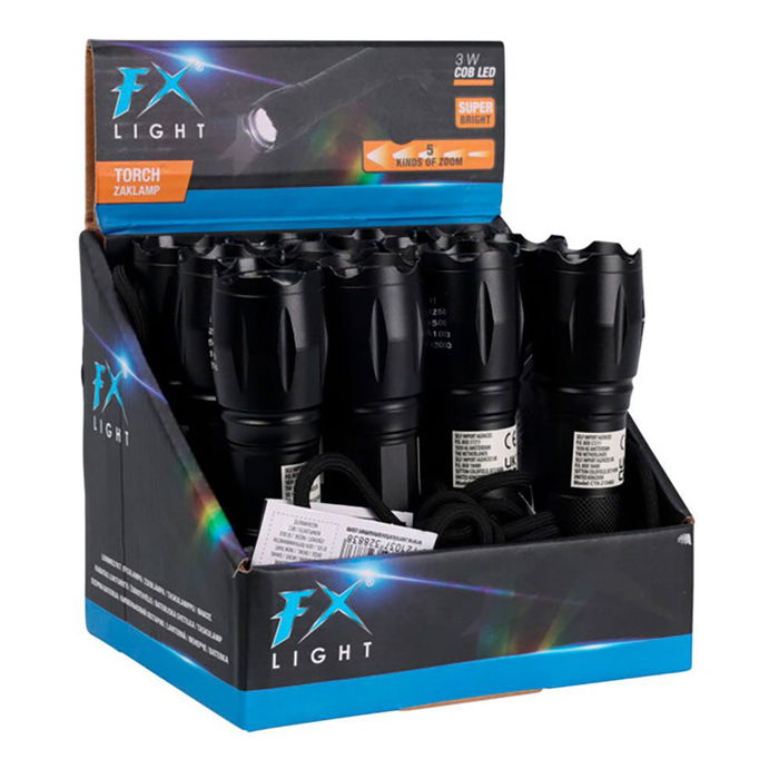 Fx Light Linterna LED de Aluminio con Zoom, 3W 300 Lúmenes, 5 Niveles, 12.5 cm, Funciona con 3 Pilas AAA (no incluidas), Color Negro, 125 x 30 x 30 mm