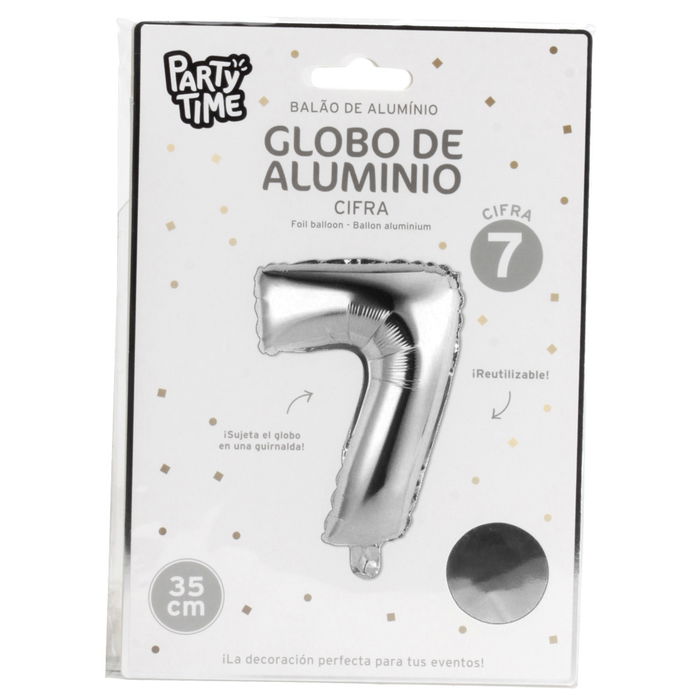 Party Time Globo Cifra 7 Plata para Fiesta, Altura 35 cm