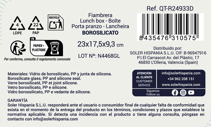 Inde Fiambrera Rectangular Hermética 1.8L (23 x 17.5 cm) (6 Unidades)