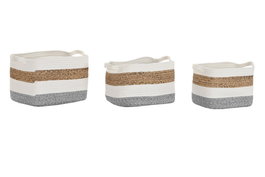 DKD Home Decor Set de 3 Cestas de Fibra y Algodón Blanco y Natural 36x27x27 cm