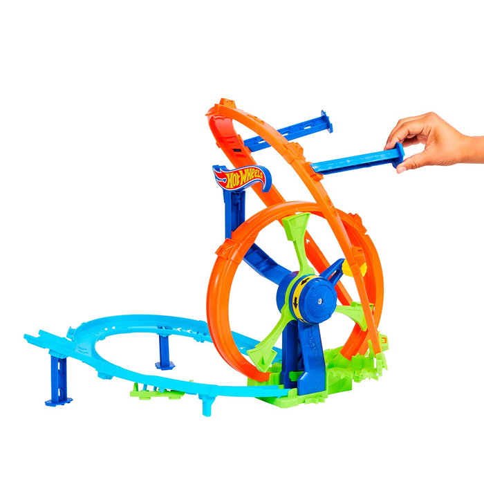 Mattel Stunt Tracks Hot Wheels Pista Desafío Turbina de Acción Juego de Pistas y Coche de Metal a Escala 1:64 con Zona de Choques y Looping