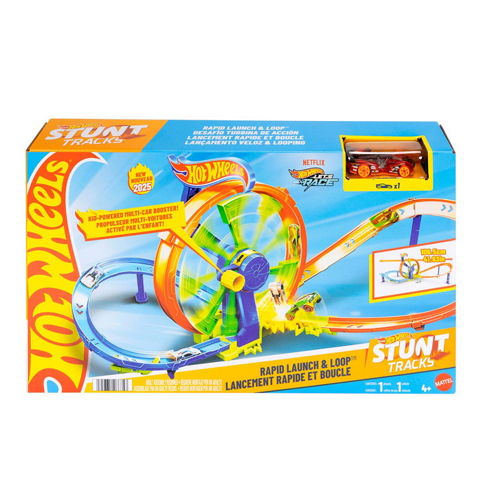 Mattel Stunt Tracks Hot Wheels Pista Desafío Turbina de Acción Juego de Pistas y Coche de Metal a Escala 1:64 con Zona de Choques y Looping