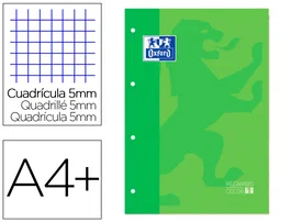 Oxford Recambio Color 1 Din A4+ 80 Hojas 90 Gr Cuadro 5 Mm 4 Taladros Verde Manzana