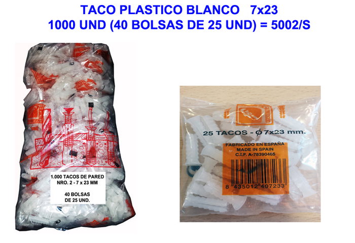 Taco Plástico Blanco 7x23 mm (1000 unidades) Taco Plástico Blanco 7x23 mm (1000 unidades)