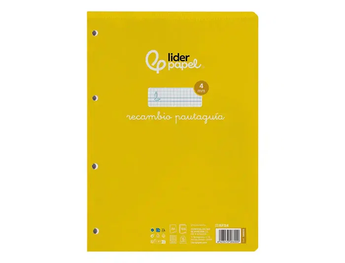 Liderpapel Recambio A4 Pautado Guía 100 Hojas 75gr Cuadriculado Pautado 4mm Con Margen 4 Taladros