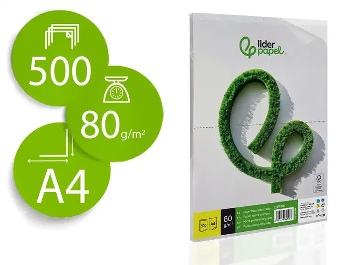 Liderpapel Papel Multifuncion A4 80g/m2 Microperforado Liso Blanco Paquete 500 Hojas Liderpapel Papel Multifuncion A4 80g/m2 Microperforado Liso Blanco Paquete 500 Hojas