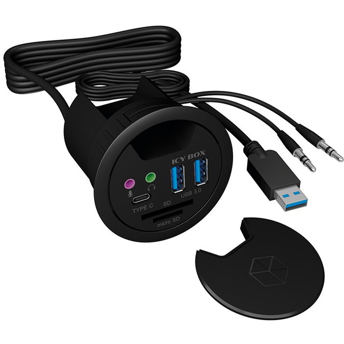 ICY BOX IB-HUB1404A Hub de escritorio con 2 lectores de tarjetas, puertos de audio, función de carga USB y LED indicadores, Negro