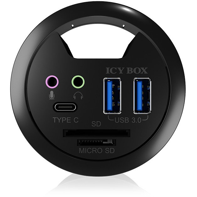 ICY BOX IB-HUB1404A Hub de escritorio con 2 lectores de tarjetas, puertos de audio, función de carga USB y LED indicadores, Negro