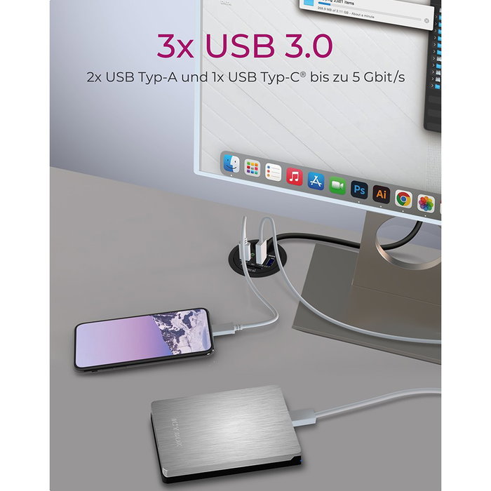 ICY BOX IB-HUB1404A Hub de escritorio con 2 lectores de tarjetas, puertos de audio, función de carga USB y LED indicadores, Negro