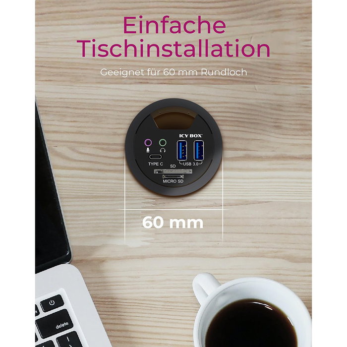 ICY BOX IB-HUB1404A Hub de escritorio con 2 lectores de tarjetas, puertos de audio, función de carga USB y LED indicadores, Negro