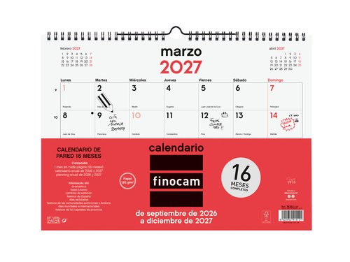 Finocam Calendario de Pared 16 Meses Neutro 2026-2027