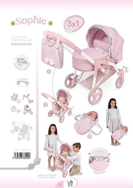 Decuevas Sophie - Coche de Muñeca 3 en 1 Plegable - Para Muñecas de Hasta 48 cm