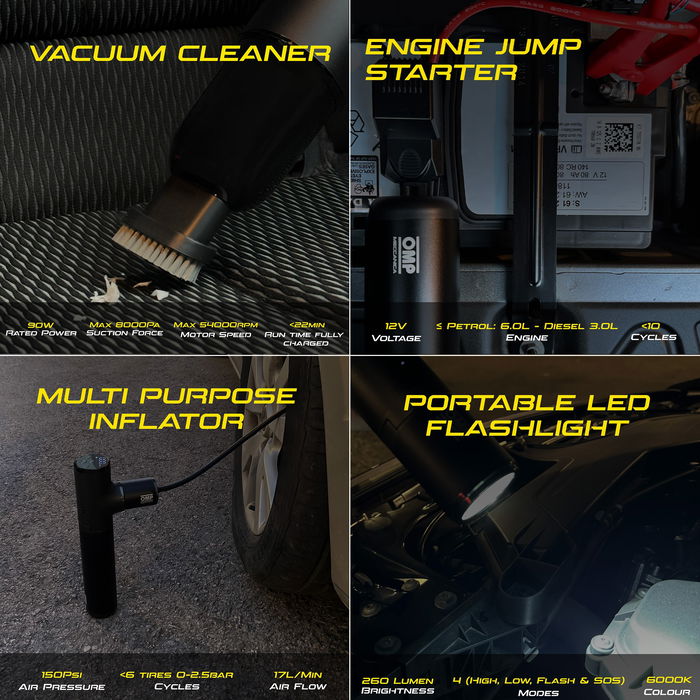 Omp OMPS19200001 Arrancador, Compresor de Aire, Aspiradora, Linterna y Power Bank Portátil Multifunción 5 en 1 con Estuche